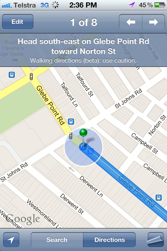 Screen shot of Google Maps showing navigational instructions. Users have to navigate between the next button (on the top right of the screen) and the navigational instructions (below the next button), to access directions. 